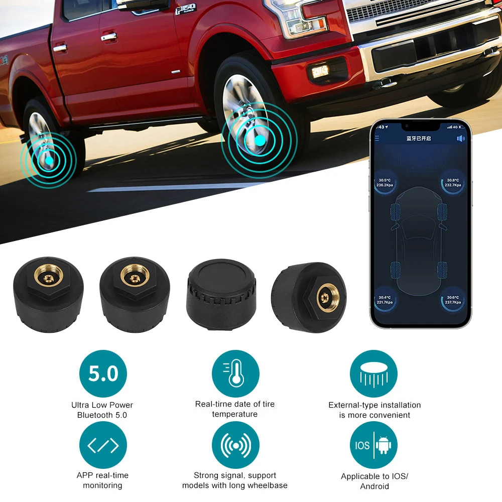 Tire Pressure Monitoring System Mobile Phone APP Display TPMS Bluetooth 5.0 Android/IOS Car Tire Pressure Sensors External
Tire Pressure Monitoring System Mobile Phone APP Display TPMS Bluetooth 5.0 Android/IOS Car Tire Pressure Sensors External
