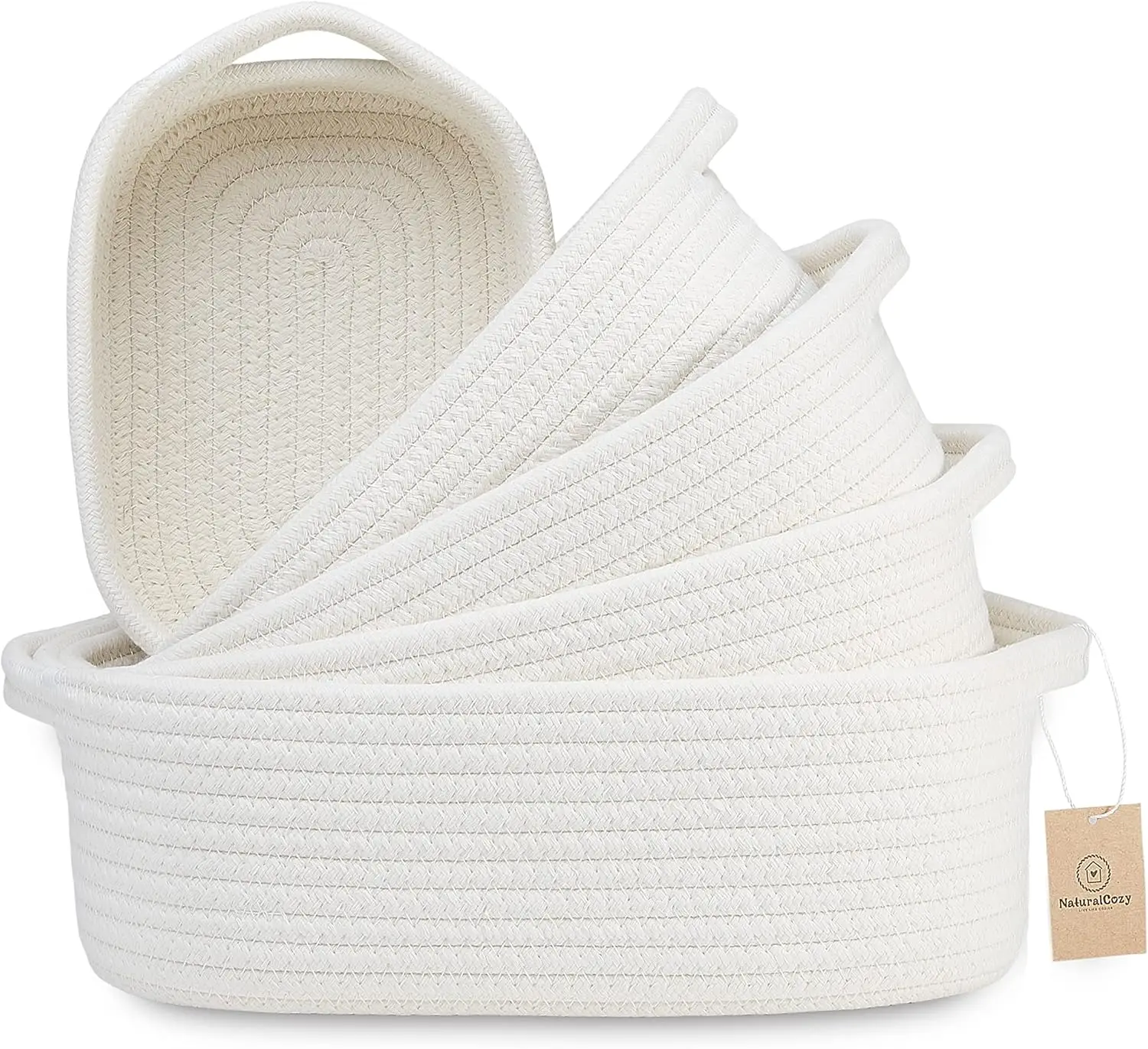 5-Piece Rectangle Storage Basket Set - Natural Cotton Rope Woven for Organizing, Small Baskets for Nursery, Dog Toys, Bathroom
5-Piece Rectangle Storage Basket Set - Natural Cotton Rope Woven for Organizing, Small Baskets for Nursery, Dog Toys, Bathroom