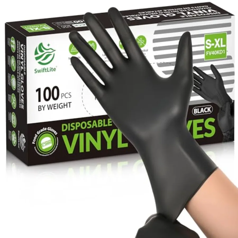 SWIFTLITE Black Vinyl Gloves, Food Grade Gloves Disposable Latex Free and Powder Free, Guantes for Cleaning Cooking Food Prep
SWIFTLITE Black Vinyl Gloves, Food Grade Gloves Disposable Latex Free and Powder Free, Guantes for Cleaning Cooking Food Prep