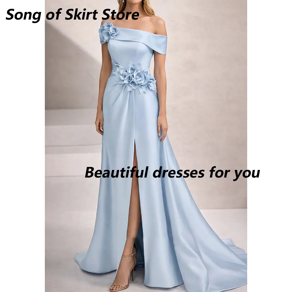 Sky Blue Evening Dress Customized Off The Shoulder Sleeveless 3D-Floral Satin Pleated Slit Mermaid Prom Gown with Sweep Train
Sky Blue Evening Dress Customized Off The Shoulder Sleeveless 3D-Floral Satin Pleated Slit Mermaid Prom Gown with Sweep Train