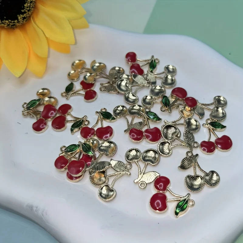 20 Red Enamel Cherry Pendants with Gold-Plated Metallic Green Leaves - Mini Pendant Jewelry Accessories, Enamelled Metallic Cher
20 Red Enamel Cherry Pendants with Gold-Plated Metallic Green Leaves - Mini Pendant Jewelry Accessories, Enamelled Metallic Cher