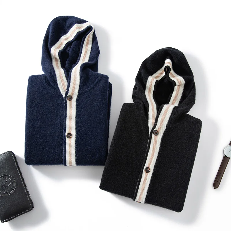 High-End Color-Block 100% Cashmere Sweater Men's Hooded Cardigan Buttoned Thick Knitted Jacket Versatile with Pockets
High-End Color-Block 100% Cashmere Sweater Men's Hooded Cardigan Buttoned Thick Knitted Jacket Versatile with Pockets
