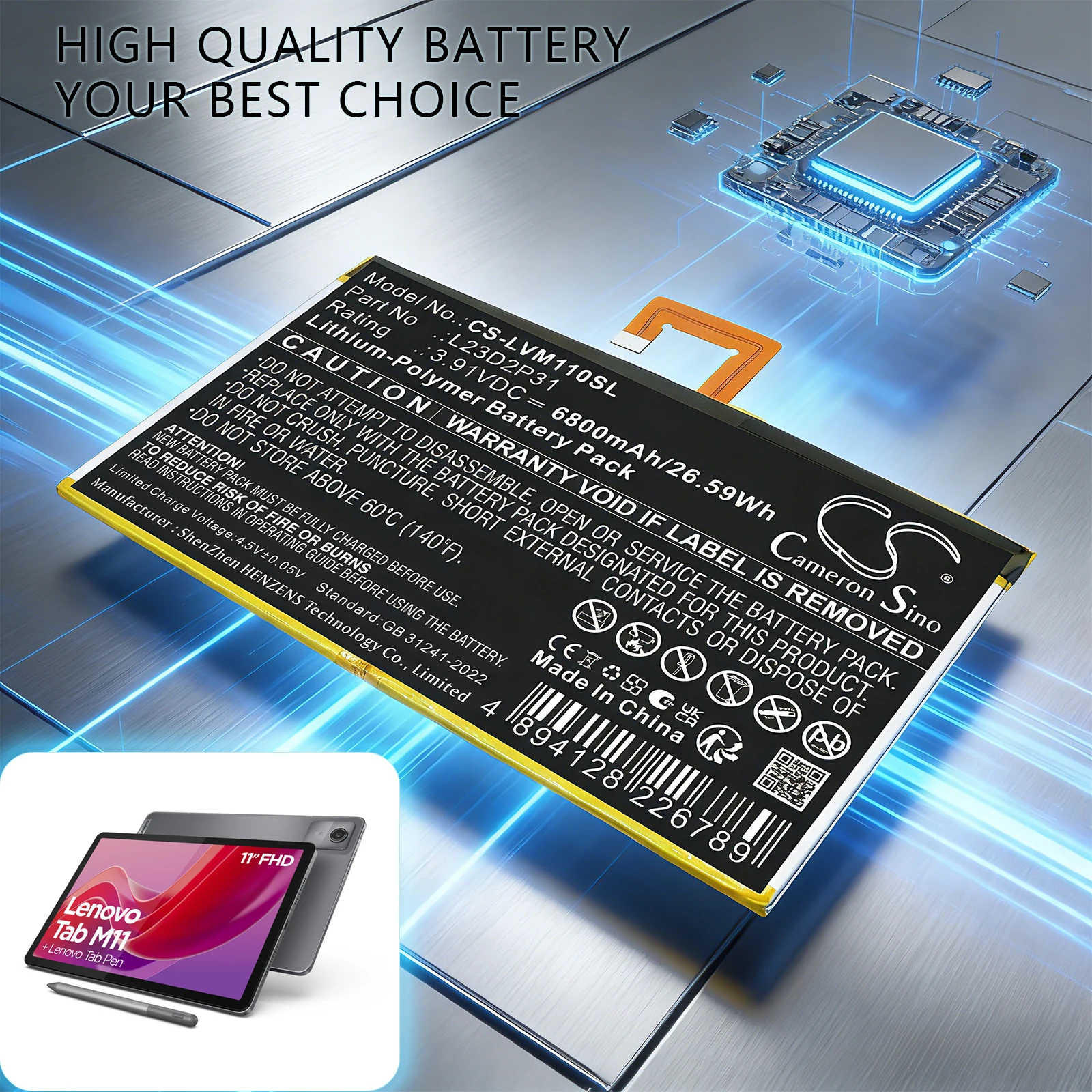 Cameron Sino 3.91V 6800mAh Tablet Battery L23B2P31 L23C2P31 L23D2P31 L23L2P31 for Lenovo Pad 2024 TB331FC TB331FU Tab M11
Cameron Sino 3.91V 6800mAh Tablet Battery L23B2P31 L23C2P31 L23D2P31 L23L2P31 for Lenovo Pad 2024 TB331FC TB331FU Tab M11