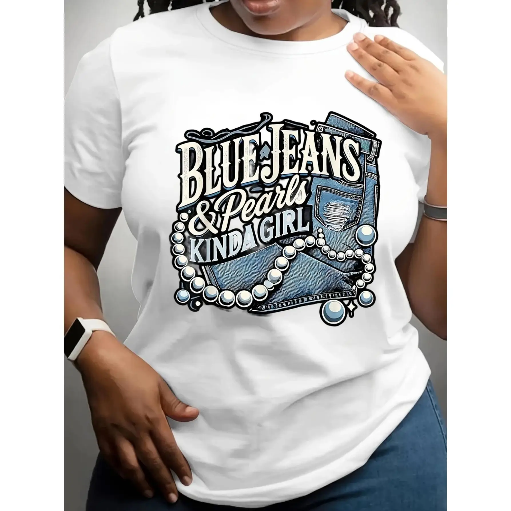 Women's Casual Crew Neck Short Sleeve T-Shirt - Blue Jeans & Pearls Graphic Print, Breathable Cotton Relaxed Fit Top For Spring
Women's Casual Crew Neck Short Sleeve T-Shirt - Blue Jeans & Pearls Graphic Print, Breathable Cotton Relaxed Fit Top For Spring