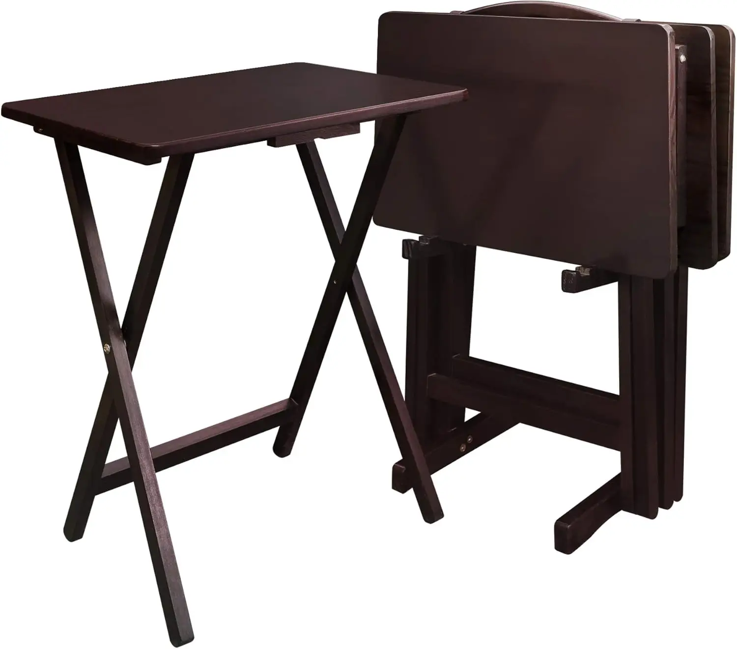 5 Piece Folding Tray Table Set with Storage Stand, Espresso, No Assembly Required
5 Piece Folding Tray Table Set with Storage Stand, Espresso, No Assembly Required