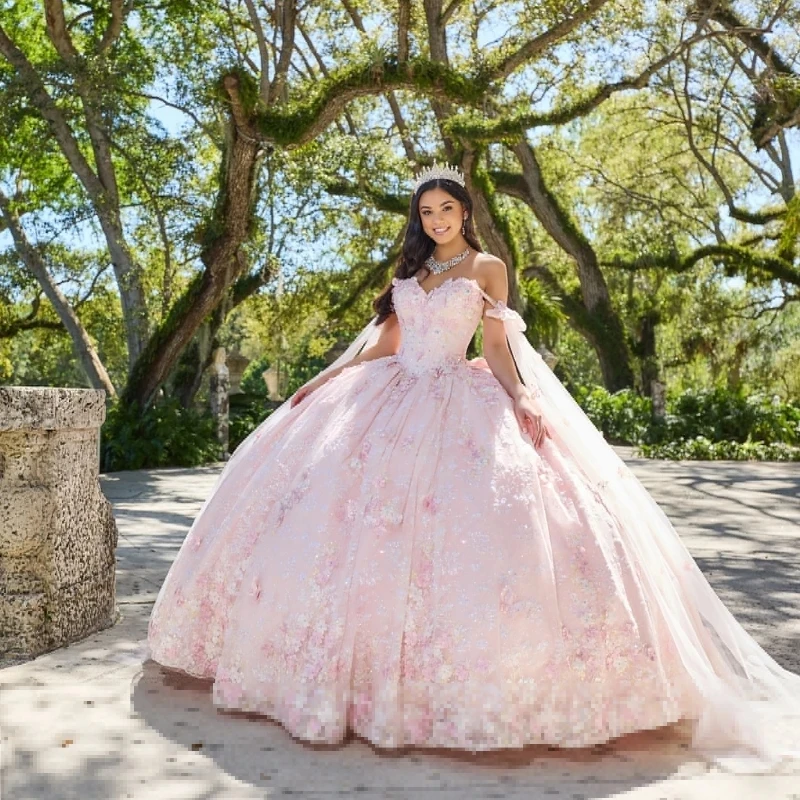 Pink Quinceanera Dresses Floral Appliques Flowers With Cape Court Train Floor Length Birthday Party Prom Vestidos De 15 Anos
Pink Quinceanera Dresses Floral Appliques Flowers With Cape Court Train Floor Length Birthday Party Prom Vestidos De 15 Anos
