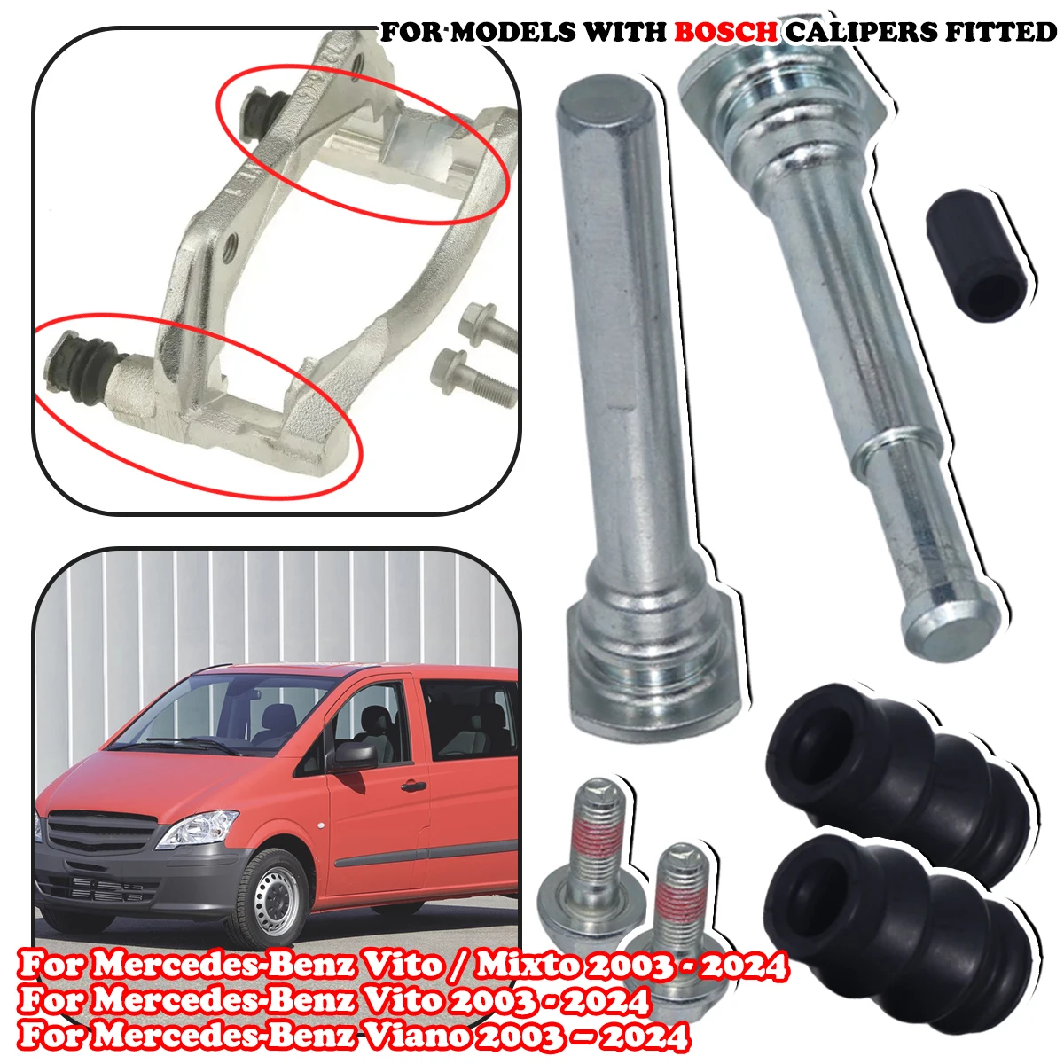For Mercedes-Benz Vito 2003 - 2024 Front Brake Caliper Slider Guide Pins Bolt Kit Left Right Disc Housing Bellows Sleeve Bushing
For Mercedes-Benz Vito 2003 - 2024 Front Brake Caliper Slider Guide Pins Bolt Kit Left Right Disc Housing Bellows Sleeve Bushing