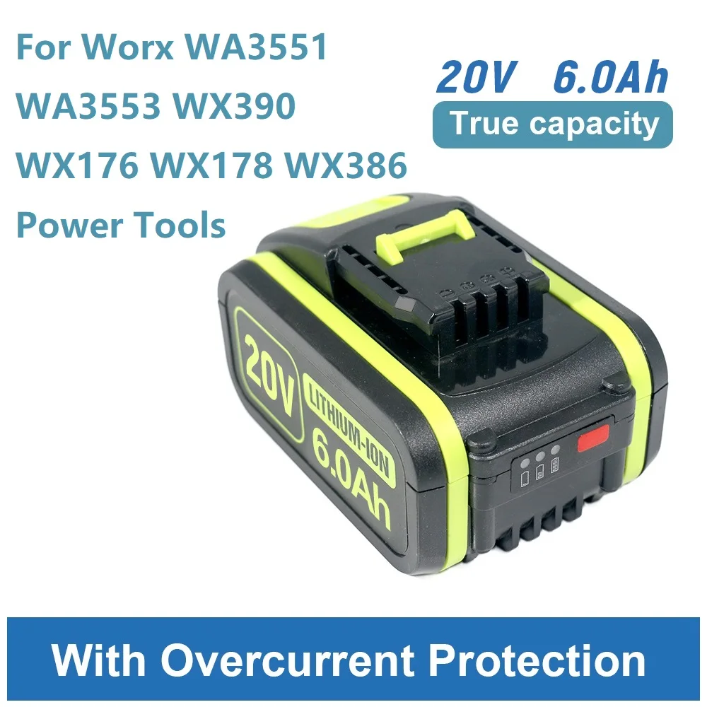 FOR WORX 20V WA3551 WA3553 WX390 WX176 WX178 WX386 Tools, 6Ah Lithium Battery Replacement for 20V Power Equipment, 3000-6000mAh
FOR WORX 20V WA3551 WA3553 WX390 WX176 WX178 WX386 Tools, 6Ah Lithium Battery Replacement for 20V Power Equipment, 3000-6000mAh