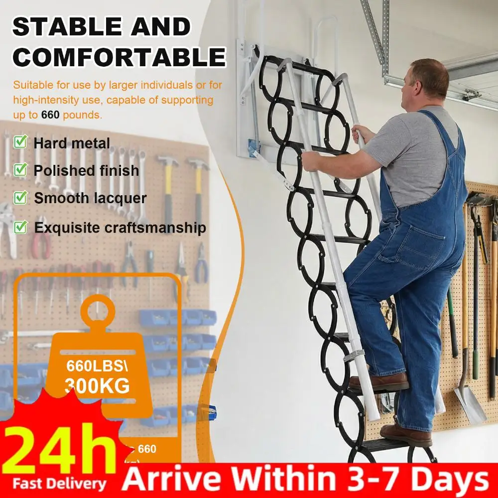 Wall Mounted Retractable Attic Ladder with 2 Handrails and Pull-Down System Load Capacity 660Lbs for RV Storehouse Roof Garage
Wall Mounted Retractable Attic Ladder with 2 Handrails and Pull-Down System Load Capacity 660Lbs for RV Storehouse Roof Garage