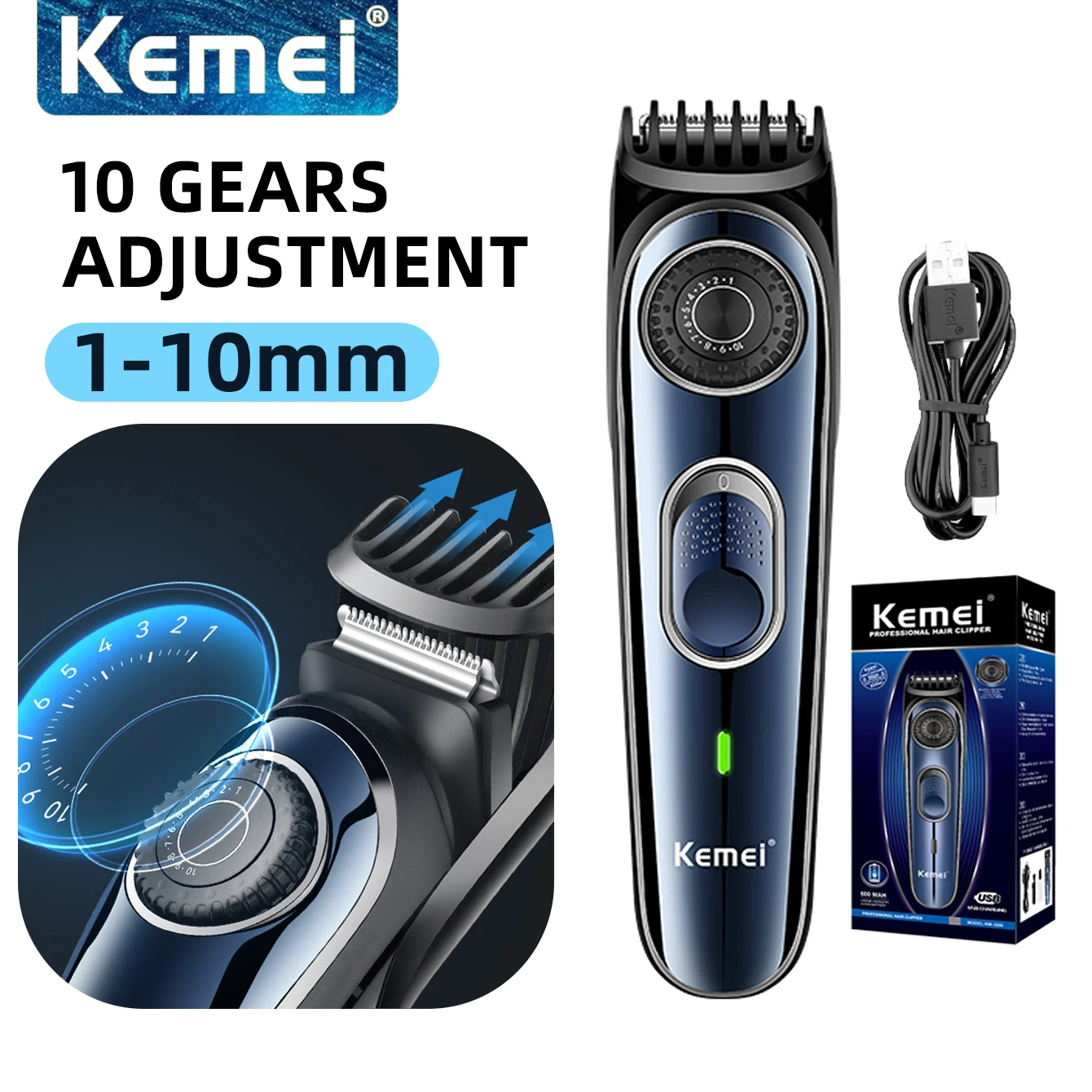 Kemei KM-1256 Регулируемый триммер для волос 1-10 мм для мужчин, триммер для лица, бороды, перезаряжаемая машинка для стрижки волос, электрическая литиевая батарея
Kemei KM-1256 Регулируемый триммер для волос 1-10 мм для мужчин, триммер для лица, бороды, перезаряжаемая машинка для стрижки волос, электрическая литиевая батарея