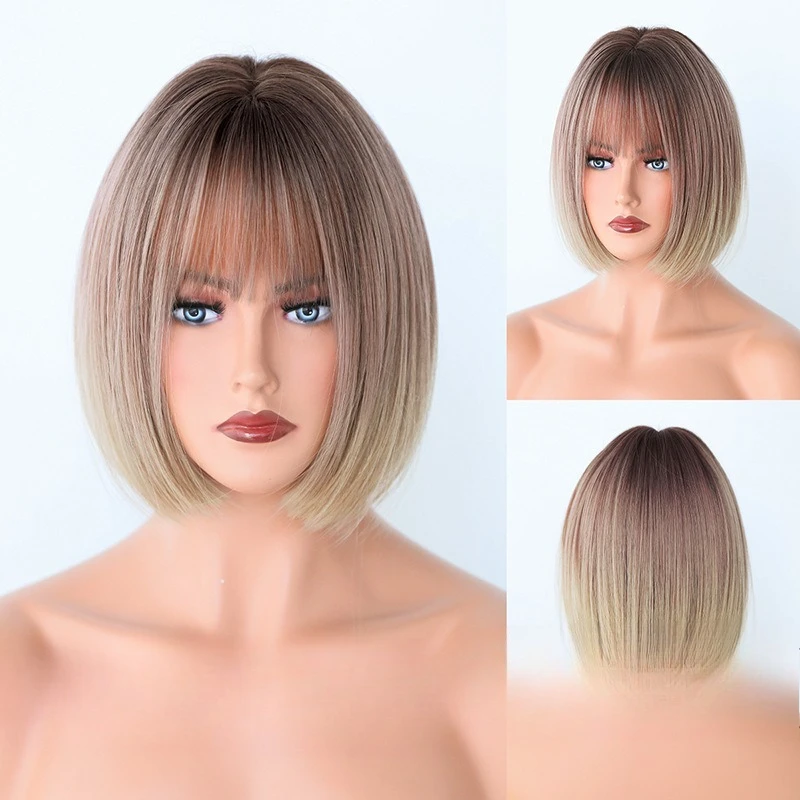 European and American wig female BoB head Qi bangs short straight hair gradual change color full head wig
European and American wig female BoB head Qi bangs short straight hair gradual change color full head wig