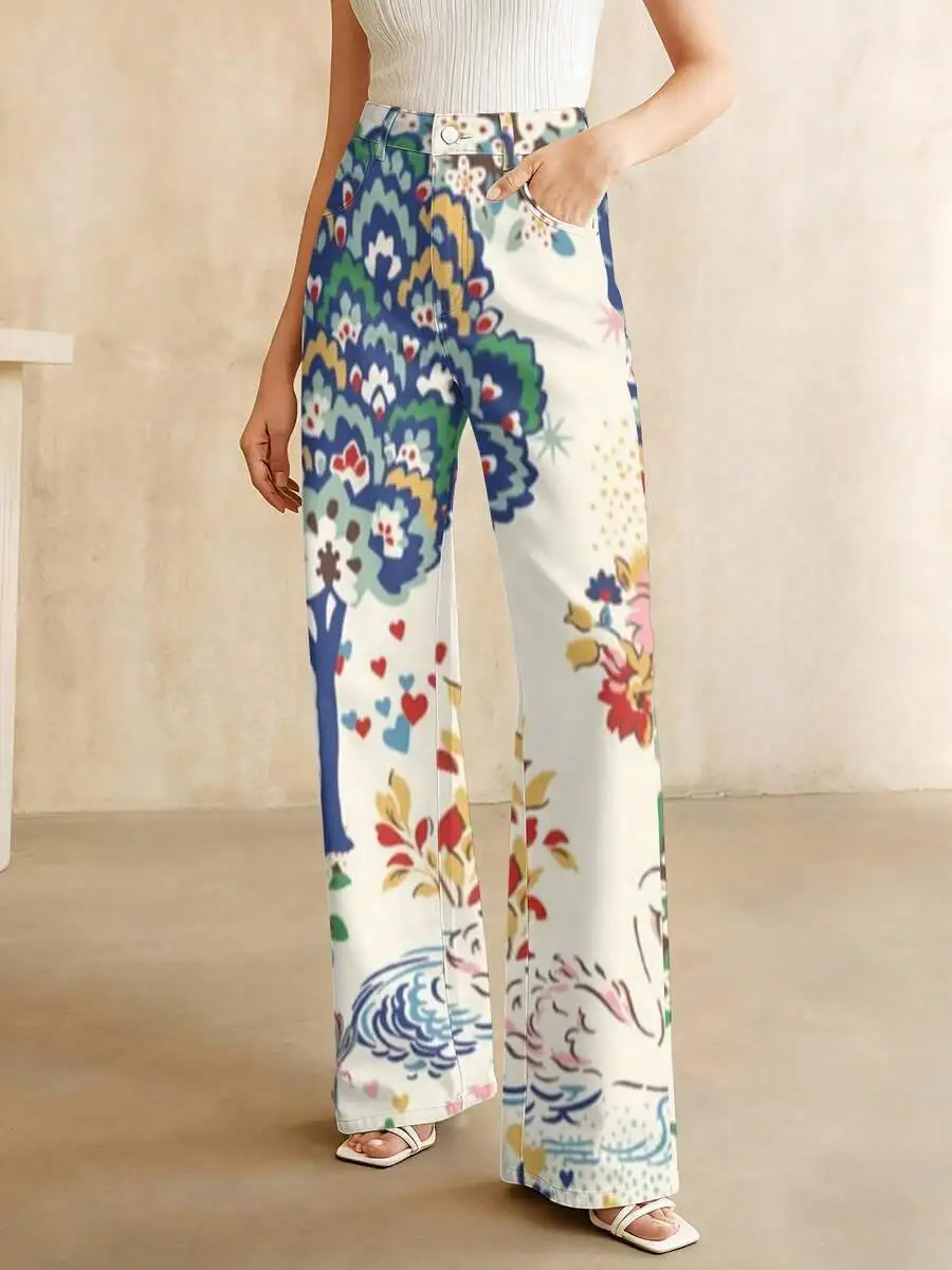 Womens High-Waist Wide Leg Floral Print Denim Pants Casual Spring Summer Outfit
Womens High-Waist Wide Leg Floral Print Denim Pants Casual Spring Summer Outfit