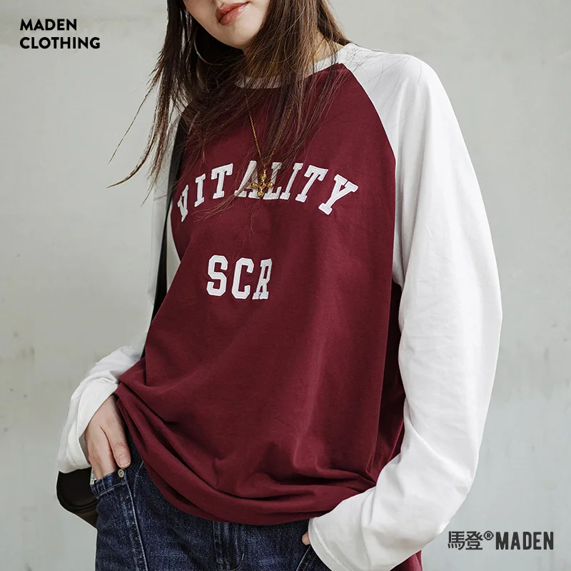 Maden Cotton Long Sleeve T-shirt for Women Burgundy Color Contrast Round Neck Tops Spring and Autumn Inner Wear Loose Tees
Maden Cotton Long Sleeve T-shirt for Women Burgundy Color Contrast Round Neck Tops Spring and Autumn Inner Wear Loose Tees