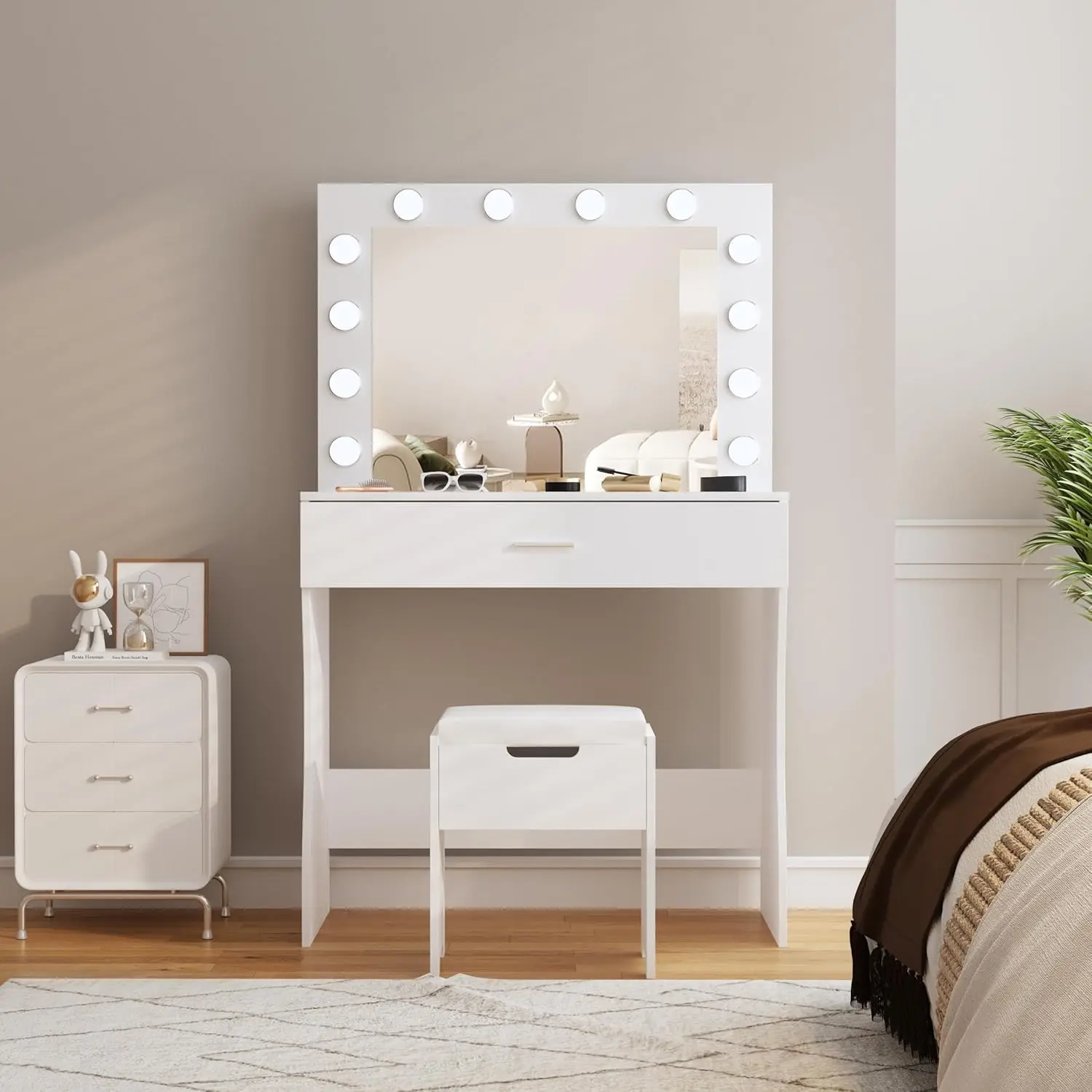 White Vanity Desk with Mirror & Lights Adjustable Brightness Storage Drawer Cushioned Chair, Customized
White Vanity Desk with Mirror & Lights Adjustable Brightness Storage Drawer Cushioned Chair, Customized