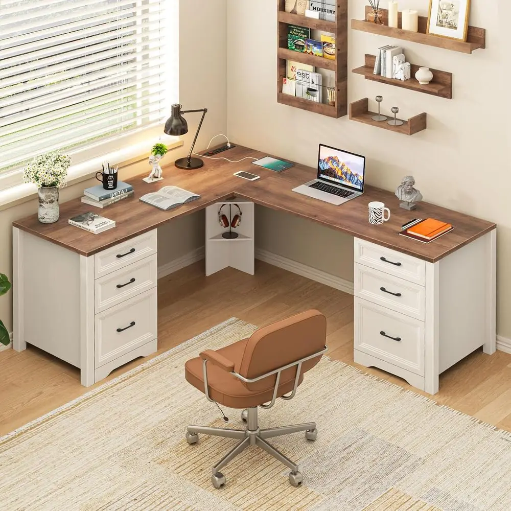 L-Shaped White Executive Desk with 6 Drawers, Power Outlets, Under-Desk Storage and Cabinet
L-Shaped White Executive Desk with 6 Drawers, Power Outlets, Under-Desk Storage and Cabinet