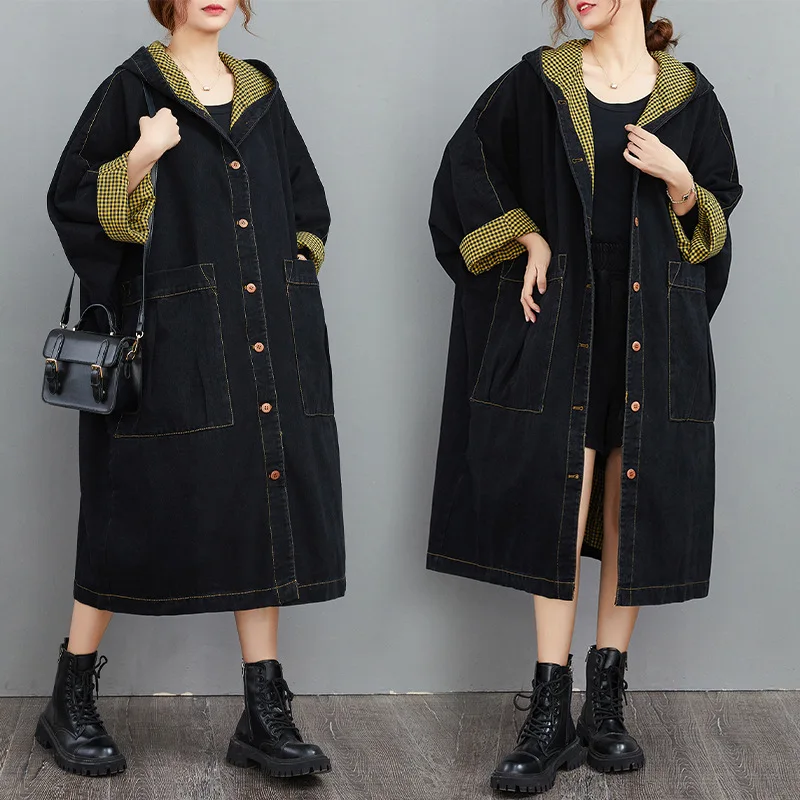 Female new autumn and beginning winter Korean style plus size hooded outerwear M-long loose black denim trench
Female new autumn and beginning winter Korean style plus size hooded outerwear M-long loose black denim trench