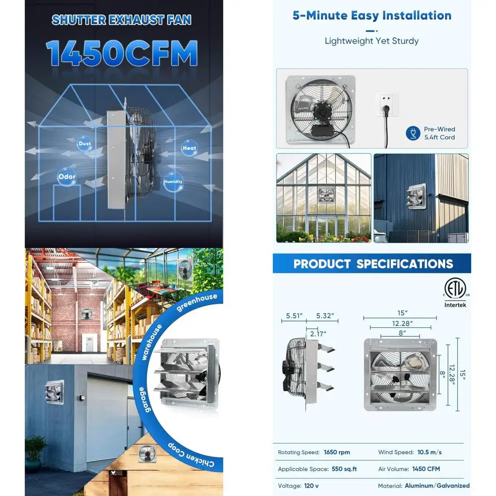12-Inch Wall-Mounted Shutter Exhaust Fan with 1.65m Power Cord for High-Speed Ventilation in Greenhouses, Attics, Sheds, and Wor
12-Inch Wall-Mounted Shutter Exhaust Fan with 1.65m Power Cord for High-Speed Ventilation in Greenhouses, Attics, Sheds, and Wor