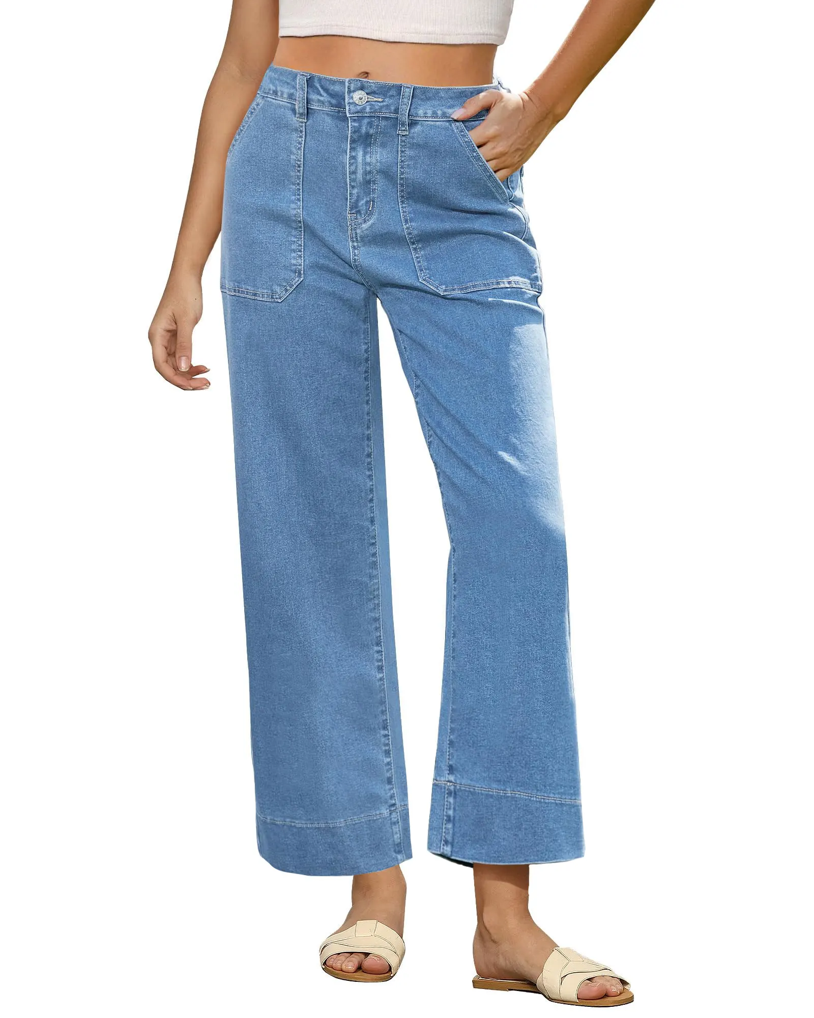 Модные светло-голубые женские свободные и удобные неэластичные повседневные широкие джинсы с большими карманами и широкими штанинами
Модные светло-голубые женские свободные и удобные неэластичные повседневные широкие джинсы с большими карманами и широкими штанинами