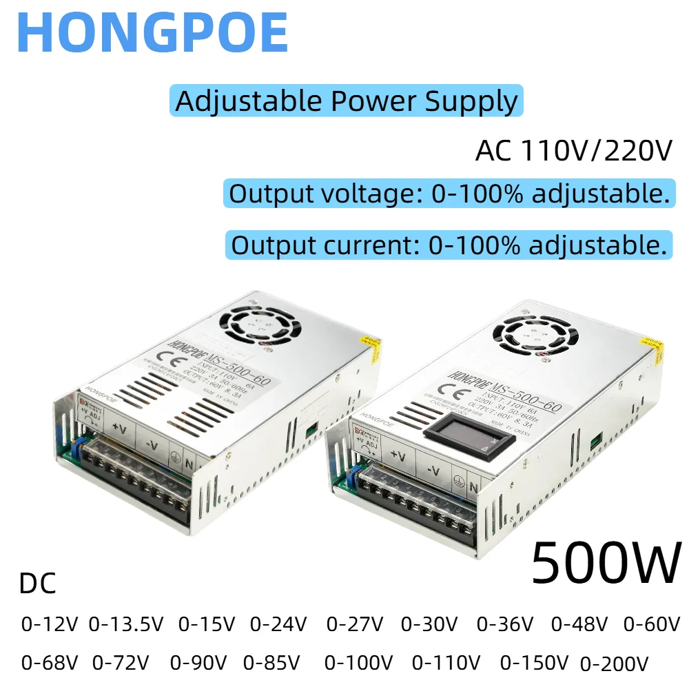 500W Switching Power Supply 110/220V AC Adjustable 0-12V 13.5V 15V 24V 36V 48V 60V 72V 80V 110V 150V 200V DC Single Output SMPS
500W Switching Power Supply 110/220V AC Adjustable 0-12V 13.5V 15V 24V 36V 48V 60V 72V 80V 110V 150V 200V DC Single Output SMPS