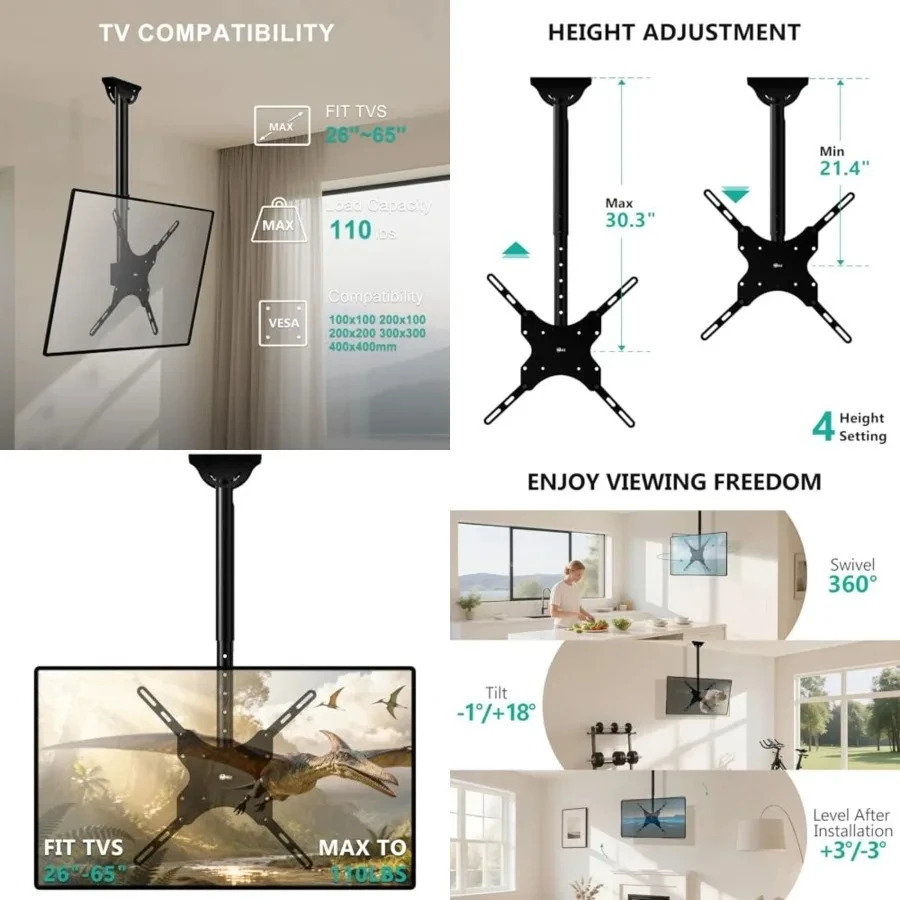 Ceiling TV Mount for 26-65 Inch LCD LED OLED 4K TVs, Hanging Pole Ceiling Mount TV Bracket Up Down, TV Ceiling Mounts for Gym Patio Gazebo, up to 110 lbs, Max VESA 400x400mm (CM2665), Black
Ceiling TV Mount for 26-65 Inch LCD LED OLED 4K TVs, Hanging Pole Ceiling Mount TV Bracket Up Down, TV Ceiling Mounts for Gym Patio Gazebo, up to 110 lbs, Max VESA 400x400mm (CM2665), Black