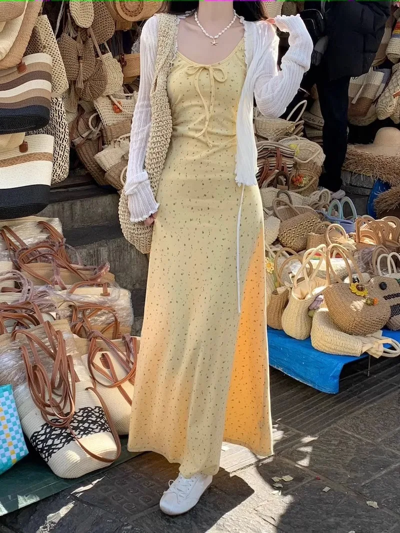 Summer Beach Vacation Dress Gentle Wind A-Line Long Dress French Sleeveless Print Yellow Dress Bohemian Maxi Vestidos Платье 원피스
Summer Beach Vacation Dress Gentle Wind A-Line Long Dress French Sleeveless Print Yellow Dress Bohemian Maxi Vestidos Платье 원피스