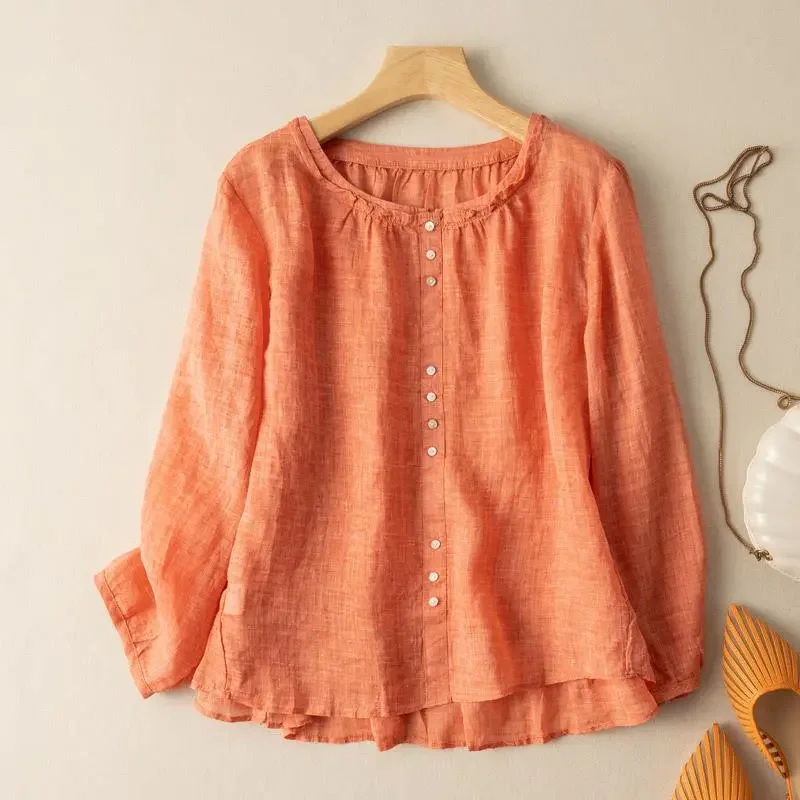 Orange Linen Blend Blouse Women Ruffled Neck Loose Casual Long Sleeve Sun Protection Shirt
Orange Linen Blend Blouse Women Ruffled Neck Loose Casual Long Sleeve Sun Protection Shirt