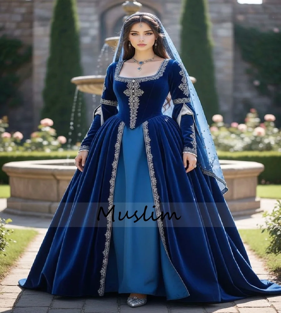 Extravagant Blue Medieval Evening Dress With Long Sleeve Square Neck Vintage Arabic Prom Dress Costume Tudor Party Customized
Extravagant Blue Medieval Evening Dress With Long Sleeve Square Neck Vintage Arabic Prom Dress Costume Tudor Party Customized