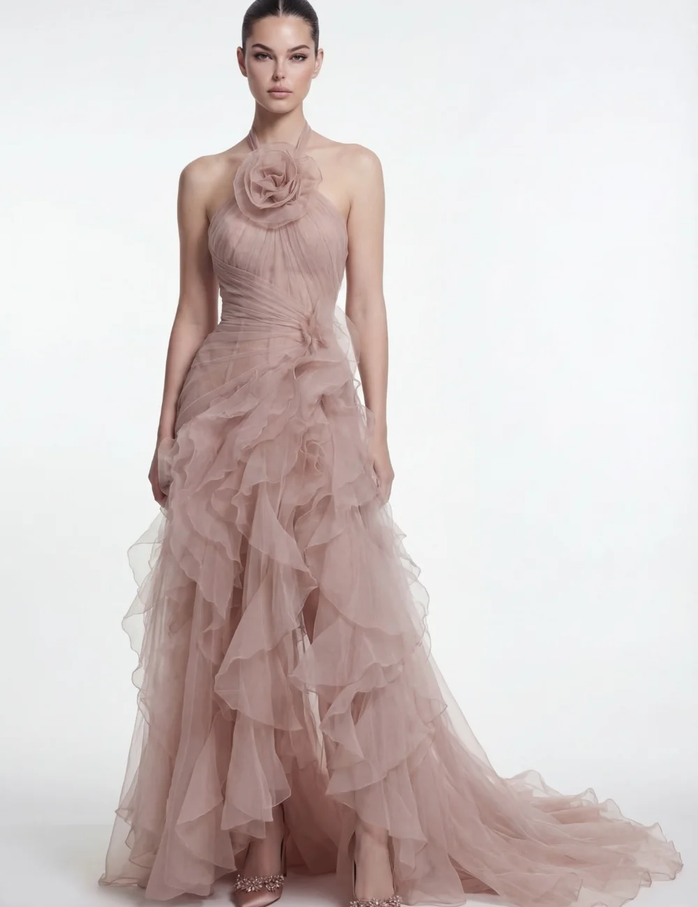 Customized Fashion Formal Tulle Pleat Ruched Handmade Flower Mermaid Halter Floor-Length Evening Dresses For Wedding Party
Customized Fashion Formal Tulle Pleat Ruched Handmade Flower Mermaid Halter Floor-Length Evening Dresses For Wedding Party