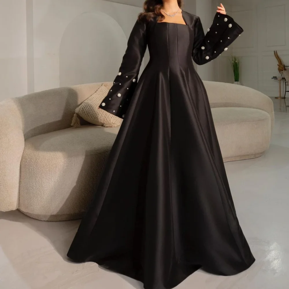 Vintage Long Black Satin Evening Dresses Square Collar Full Sleeves A Line Floor Length Vestido De Gala Noche Mujer
Vintage Long Black Satin Evening Dresses Square Collar Full Sleeves A Line Floor Length Vestido De Gala Noche Mujer