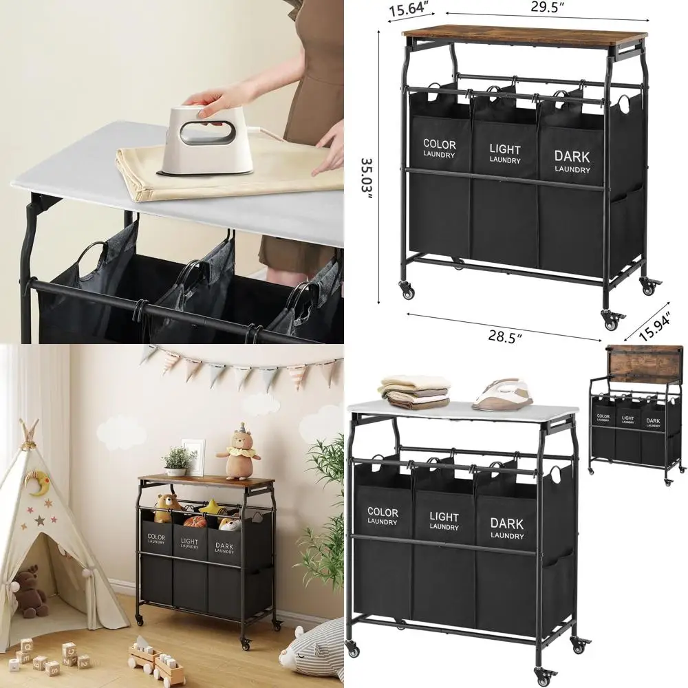 Черный сверхмощный 3-секционный сортировщик белья с гладильной доской, корзиной и роликами
Черный сверхмощный 3-секционный сортировщик белья с гладильной доской, корзиной и роликами