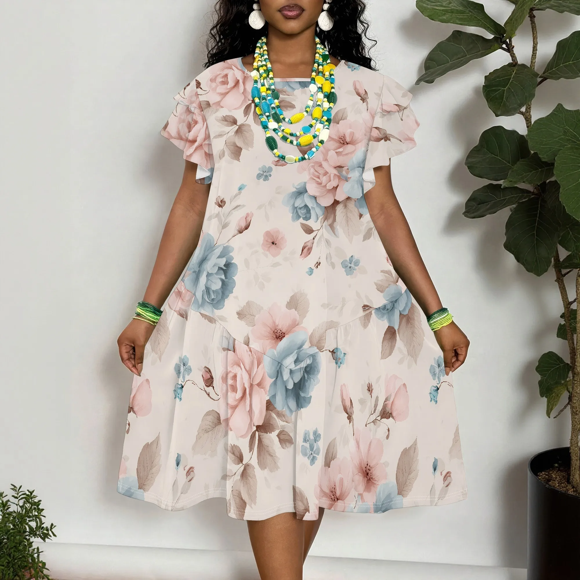 Women's Floral Print Short Sleeve Dress with Ruffle Sleeves, Loose Fit Summer Midi Dress
Women's Floral Print Short Sleeve Dress with Ruffle Sleeves, Loose Fit Summer Midi Dress