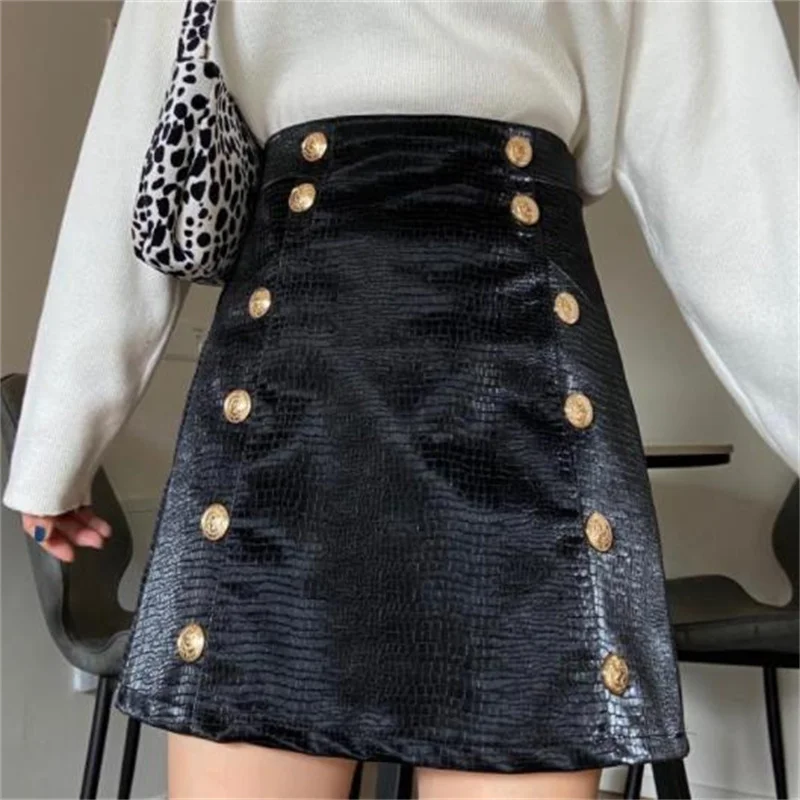 PU leather skirt a-line High waist black double breasted metal button pencil skirt for women
PU leather skirt a-line High waist black double breasted metal button pencil skirt for women