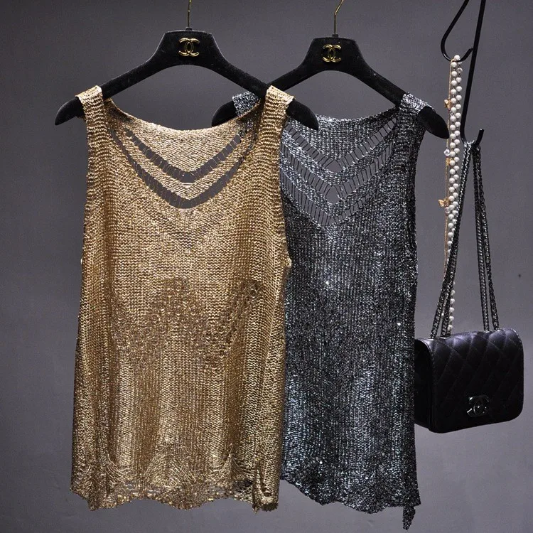 Women Summer Camisole Sheer Knit Round Neck Tank Top Hollow Out Solid Vest Mesh Sequined Cropped Sleeveless Top For Woman
Women Summer Camisole Sheer Knit Round Neck Tank Top Hollow Out Solid Vest Mesh Sequined Cropped Sleeveless Top For Woman