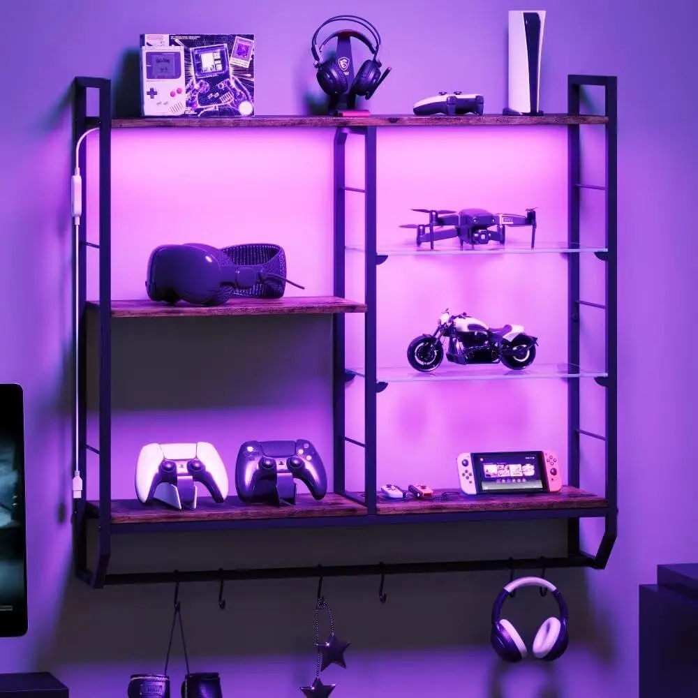 Игровые плавающие полки с 34-дюймовой LED-подсветкой, регулируемой стеклянной полкой для вина и подвесными крючками для декора комнаты
Игровые плавающие полки с 34-дюймовой LED-подсветкой, регулируемой стеклянной полкой для вина и подвесными крючками для декора комнаты