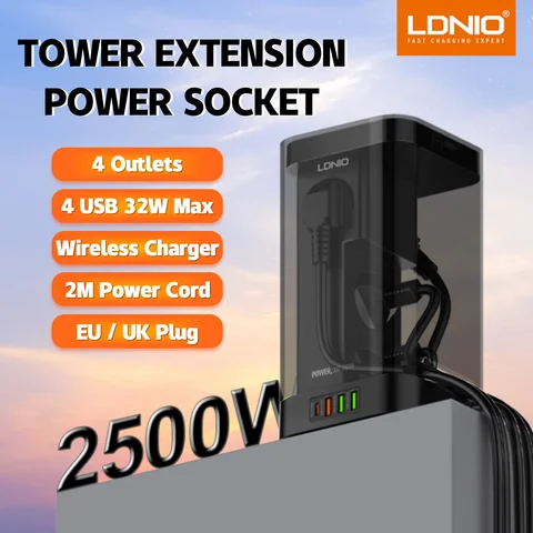 Tower Multi Power Strip Vertical EU Plug Multiple Vertical Power 4 Outlets Sockets with Lid Type-C USB A Wireless Charging LDNIO