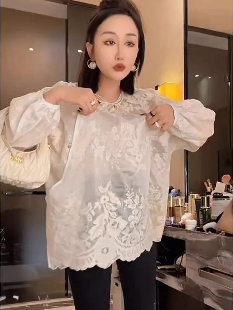 Elegant Long Sleeve Chinese Style Shirt Women's Loose Fit See through Hook Flower Design Spring Autumn Top Fashionable Shirt
Elegant Long Sleeve Chinese Style Shirt Women's Loose Fit See through Hook Flower Design Spring Autumn Top Fashionable Shirt