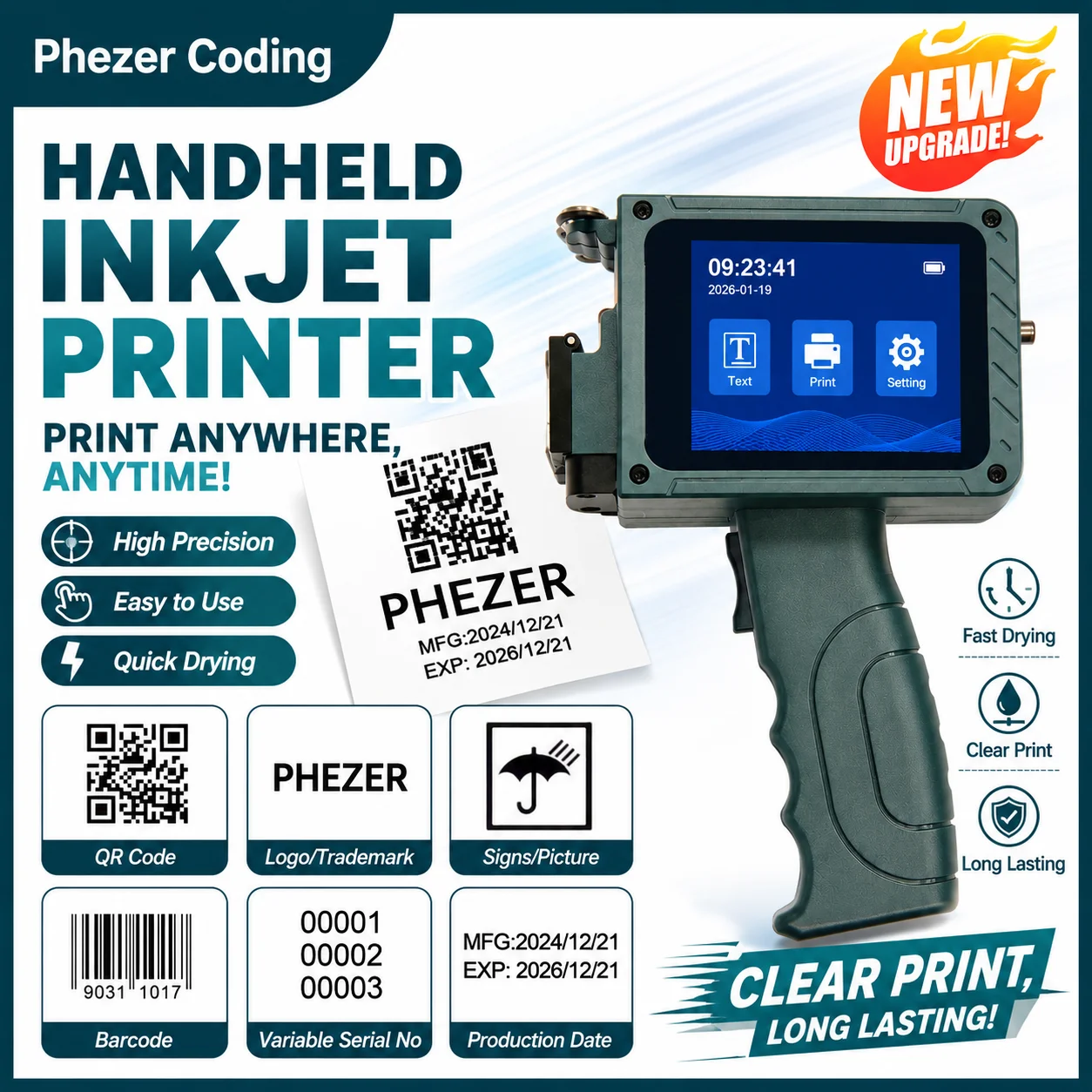 Phezer PC15plus 12.7mm mini printer Handheld Inkjet Printer 2026 Mini Portable Coding Machine for QR Barcode Date Number Logo
Phezer PC15plus 12.7mm mini printer Handheld Inkjet Printer 2026 Mini Portable Coding Machine for QR Barcode Date Number Logo