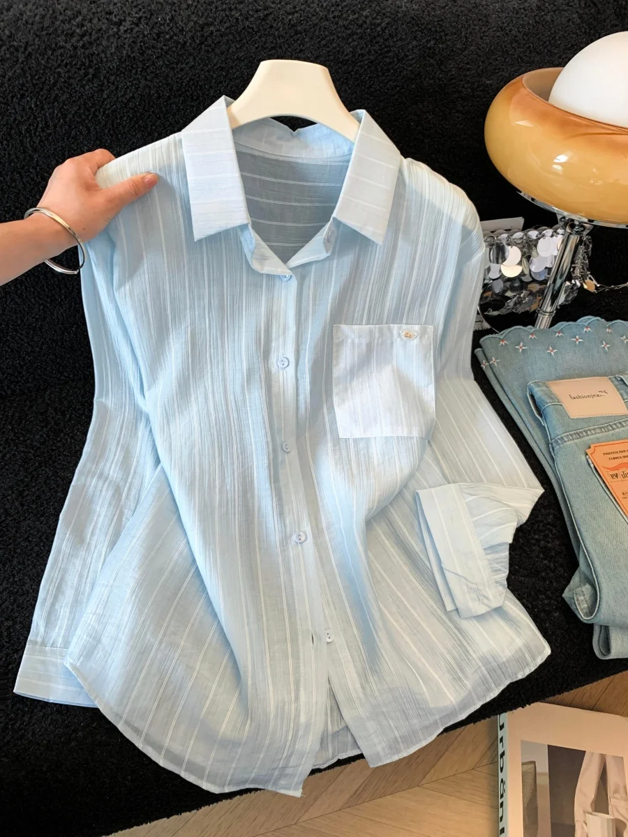 Loose Fit Long Sleeve Shirt Women's Summer New Style Lazy Fashion Sun Protection Blue White Stripe Outerwear Top
Loose Fit Long Sleeve Shirt Women's Summer New Style Lazy Fashion Sun Protection Blue White Stripe Outerwear Top