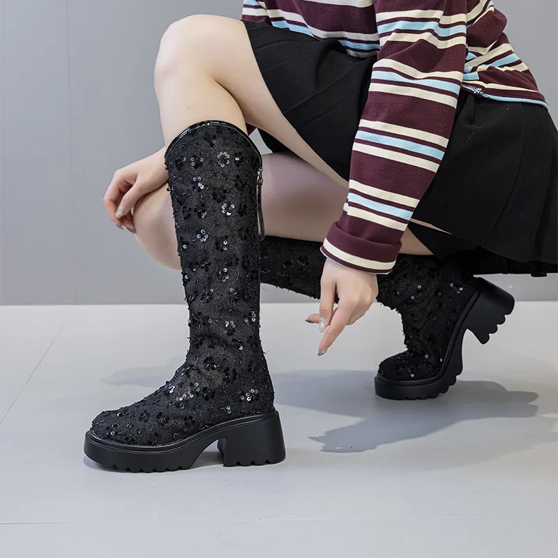 Bling Breathable Hollow Mesh Knee High Boots Women 7cm Chunky Heel Sequin Summer Sandals Boots Woman Black Silver Shoes
Bling Breathable Hollow Mesh Knee High Boots Women 7cm Chunky Heel Sequin Summer Sandals Boots Woman Black Silver Shoes
