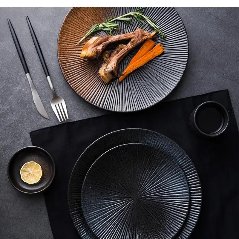 Japanese ceramic tableware Western steak dish retro striped disc rice bowl dessert salad kitchen cutlery decorative plate
Japanese ceramic tableware Western steak dish retro striped disc rice bowl dessert salad kitchen cutlery decorative plate