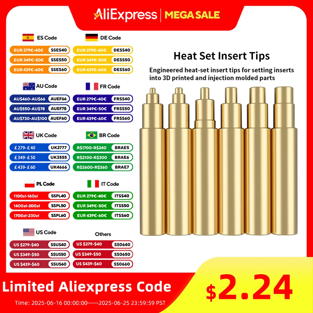 Heat Insert Nut Iron Tips Heat Set Insert Tip Soldering Iron Tip M2-M6 Brass Thread Embedded Kit for Plastic 3D Printer Parts
Heat Insert Nut Iron Tips Heat Set Insert Tip Soldering Iron Tip M2-M6 Brass Thread Embedded Kit for Plastic 3D Printer Parts