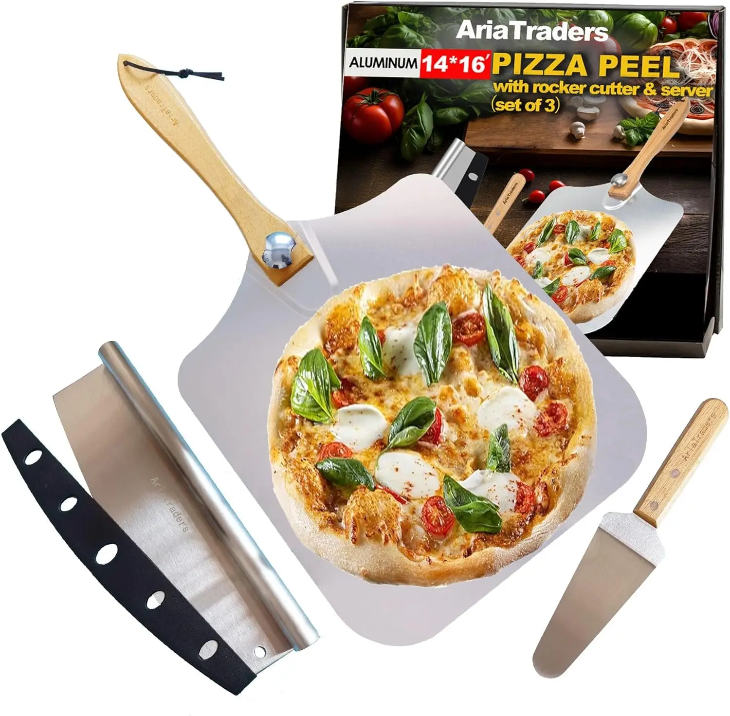 Aluminum Metal Peel 16 Inch, Extra Large Paddle (14"X 16") With 14’’ Cutter Rocker & 10” Server, S
Aluminum Metal Peel 16 Inch, Extra Large Paddle (14"X 16") With 14’’ Cutter Rocker & 10” Server, S