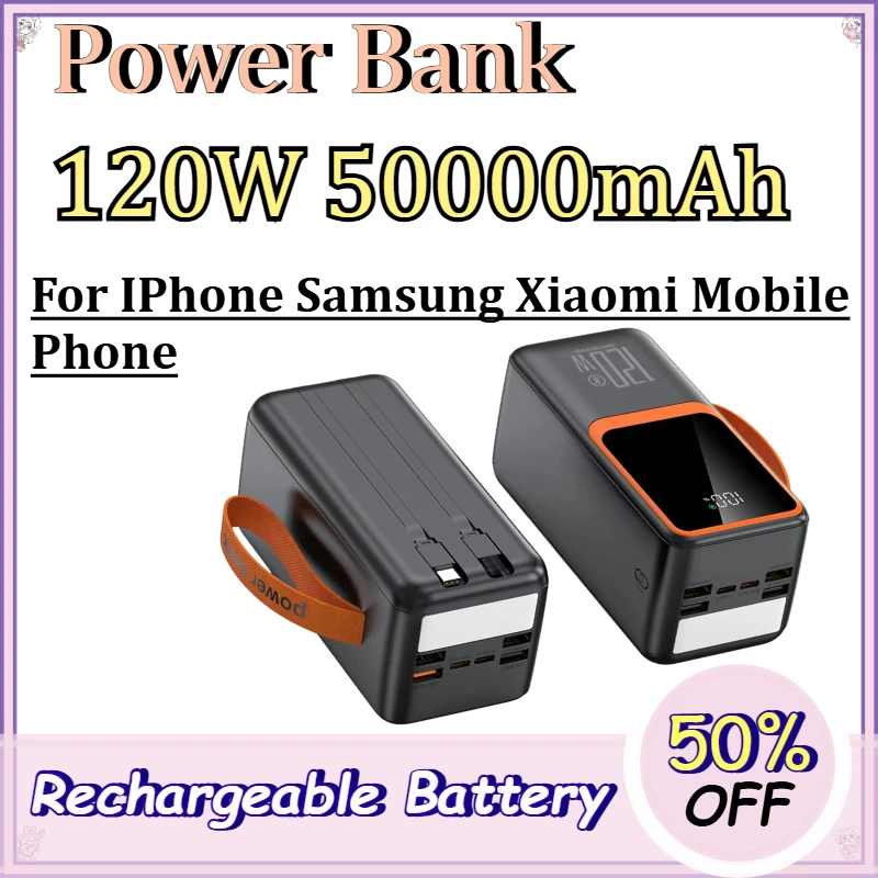 120W 50000mAh Power Bank for IPhone Samsung Xiaomi Mobile Phone Built-in Cable with Digital Display and Two-way Fast Charging
120W 50000mAh Power Bank for IPhone Samsung Xiaomi Mobile Phone Built-in Cable with Digital Display and Two-way Fast Charging