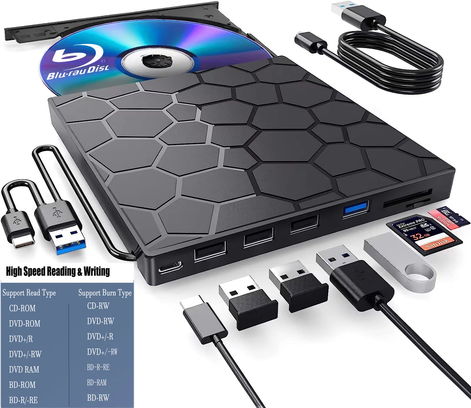 Внешний Blu-ray-рекордер 7-в-1 USB 3.0 Type-C, тонкий оптический привод Blu-ray/DVD с кардридером SD/TF и 2 портами USB 3.0, совместимый
Внешний Blu-ray-рекордер 7-в-1 USB 3.0 Type-C, тонкий оптический привод Blu-ray/DVD с кардридером SD/TF и 2 портами USB 3.0, совместимый