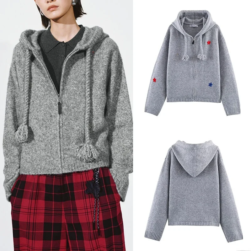 Весенняя новинка: Женский вязаный кардиган с капюшоном, вышивкой звездами и завязками, длинный рукав, стандартная длина, модный стиль для девушек
Весенняя новинка: Женский вязаный кардиган с капюшоном, вышивкой звездами и завязками, длинный рукав, стандартная длина, модный стиль для девушек