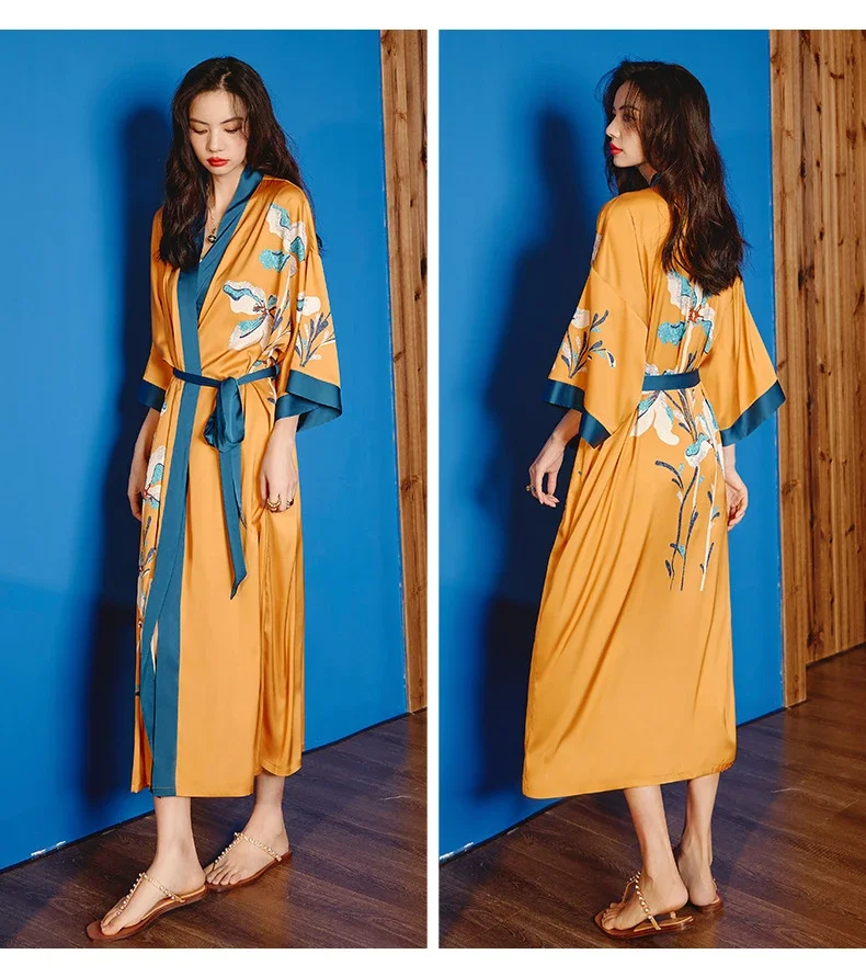 New Robes printed nightgown, women's long sleepwear, mulberry silk home clothes
New Robes printed nightgown, women's long sleepwear, mulberry silk home clothes