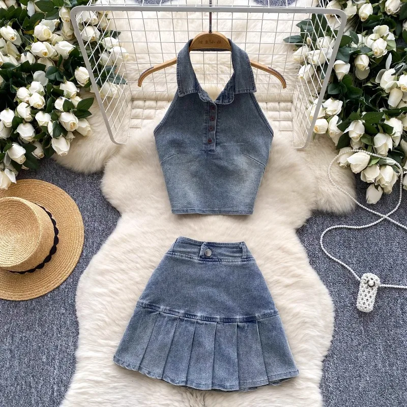 American Fashion Denim Summer High Street All Match Two Piece Sets Y2k Aesthetica Halter Sleeveless Tank Tops Pleated Punk Skirt
American Fashion Denim Summer High Street All Match Two Piece Sets Y2k Aesthetica Halter Sleeveless Tank Tops Pleated Punk Skirt
