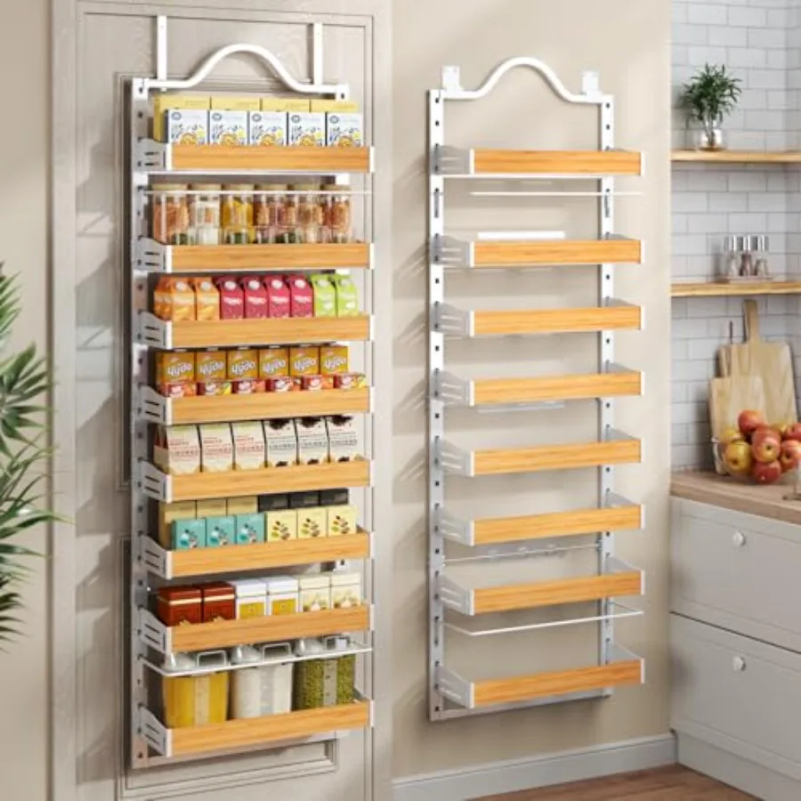 8-Tier Pantry Door Organizer for kitchen use, white wooden adjustable baskets, space-saving 2-in-1 spice rack wall mount or doo
8-Tier Pantry Door Organizer for kitchen use, white wooden adjustable baskets, space-saving 2-in-1 spice rack wall mount or doo