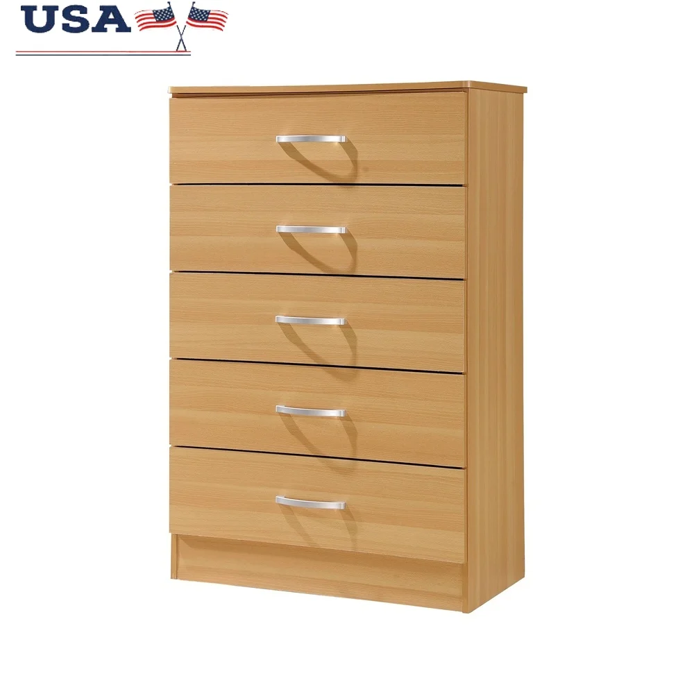 Деревянный комод с 5-мя ящиками, прочный вертикальный комод для хранения, прочные металлические направляющие, мебель для спальни, простая сборка, организация дома