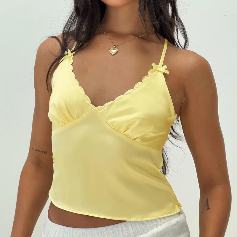 Lace Frills V-Neck Halter Tops Women Yellow Bow Satin Sleeveless Slim Sexy Y2K Crop Top Summer Sweet Cute Casual Camis
Lace Frills V-Neck Halter Tops Women Yellow Bow Satin Sleeveless Slim Sexy Y2K Crop Top Summer Sweet Cute Casual Camis